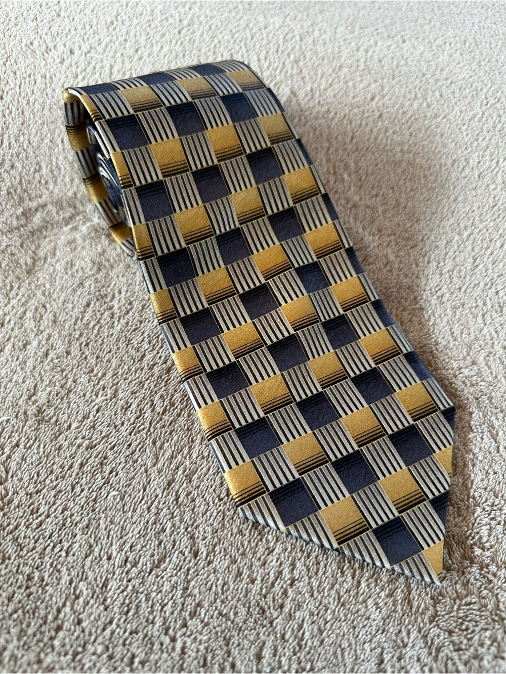 100% Silk Pierre Cardin Checkerboard Tie in Navy and Gold